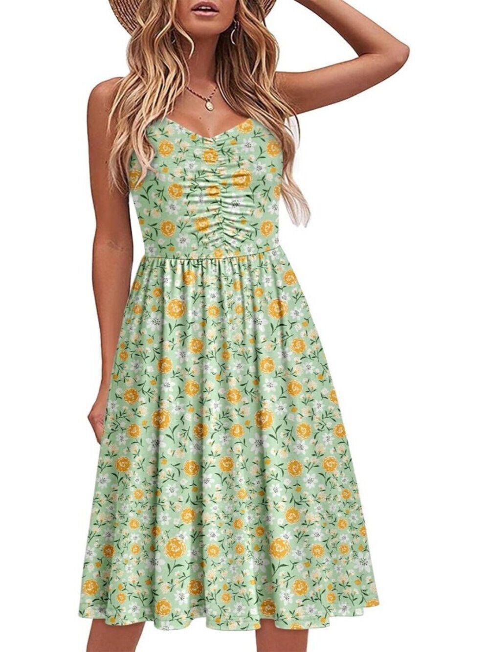 Women's Green Floral 1 Sleeveless V Neck A LINE Spaghetti Pockets MIDI Dress